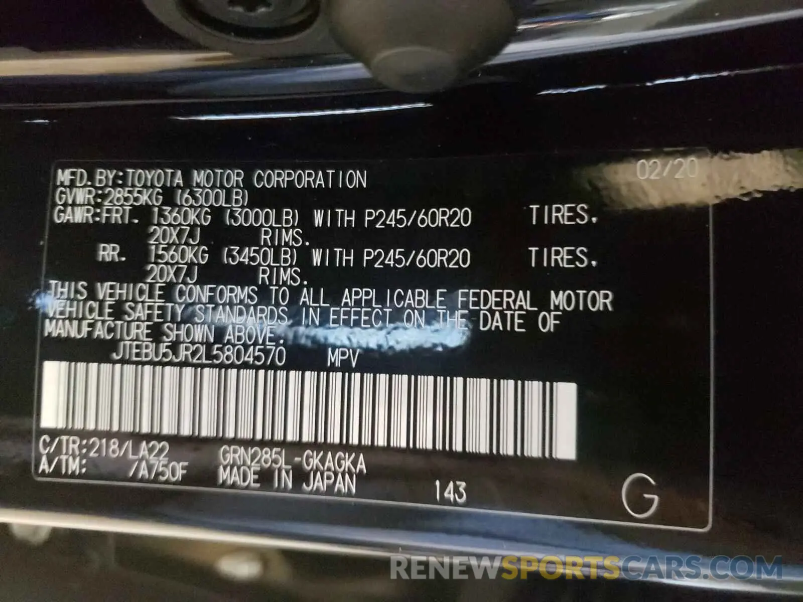 10 fotografías del automóvil dañado JTEBU5JR2L5804570 TOYOTA 4RUNNER 2020
