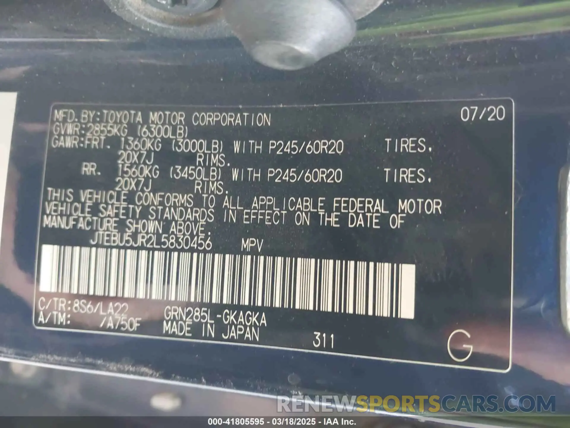 9 fotografías del automóvil dañado JTEBU5JR2L5830456 TOYOTA 4RUNNER 2020