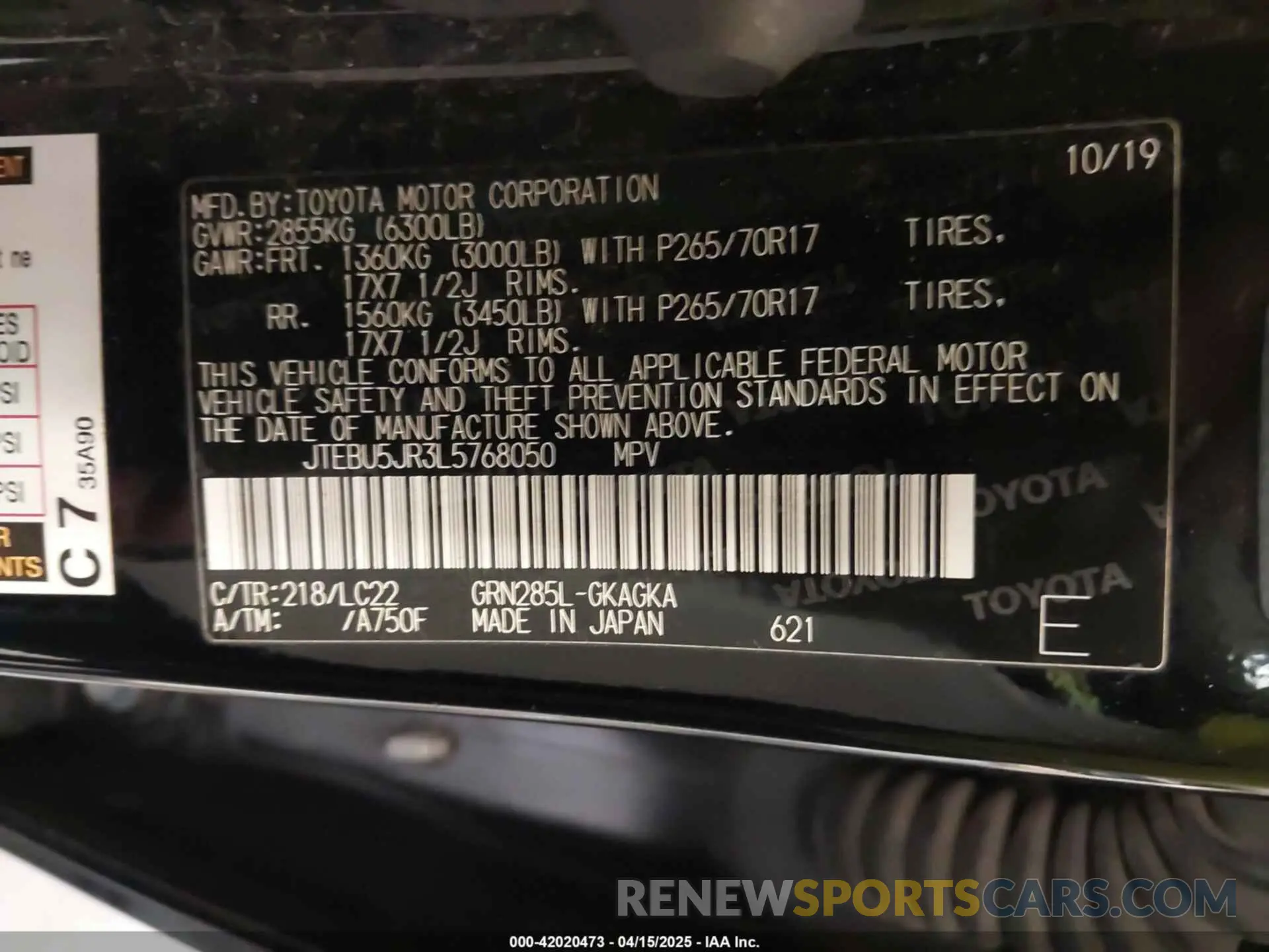 9 fotografías del automóvil dañado JTEBU5JR3L5768050 TOYOTA 4RUNNER 2020