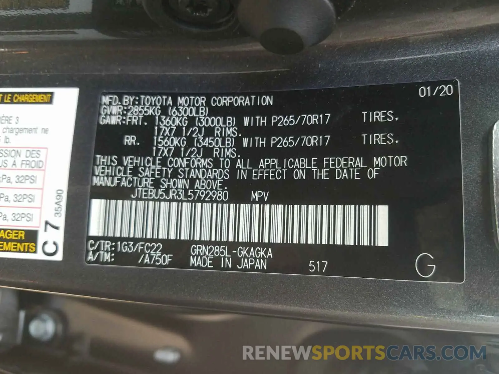 10 fotografías del automóvil dañado JTEBU5JR3L5792980 TOYOTA 4RUNNER 2020