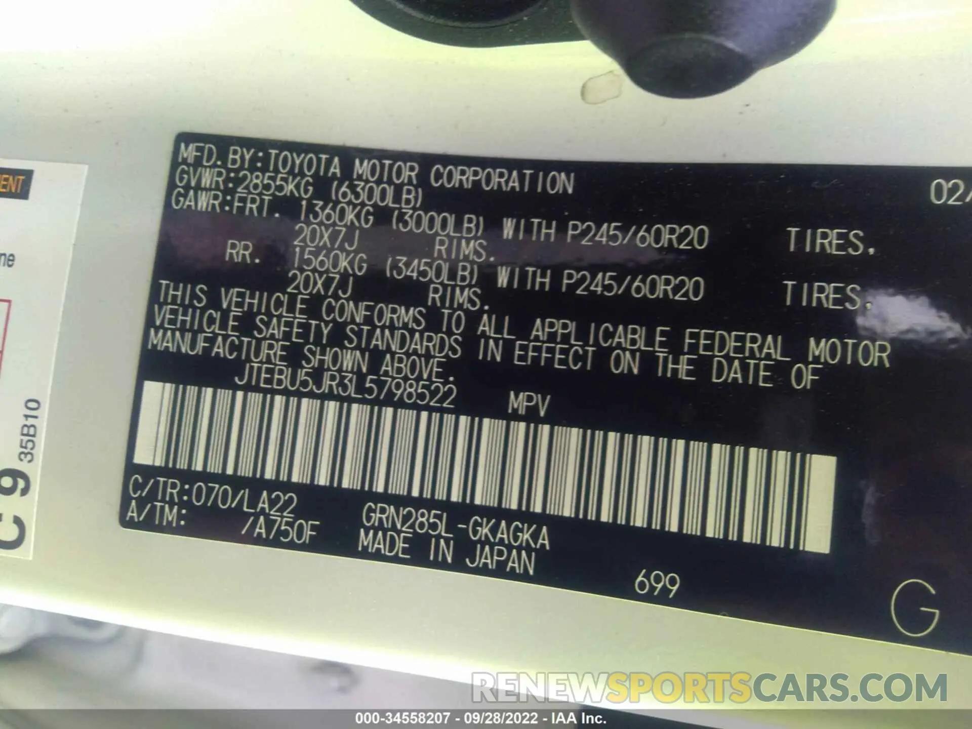 9 fotografías del automóvil dañado JTEBU5JR3L5798522 TOYOTA 4RUNNER 2020