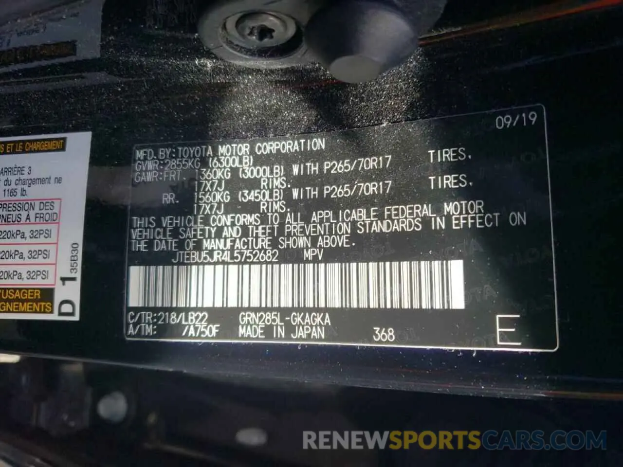 10 fotografías del automóvil dañado JTEBU5JR4L5752682 TOYOTA 4RUNNER 2020