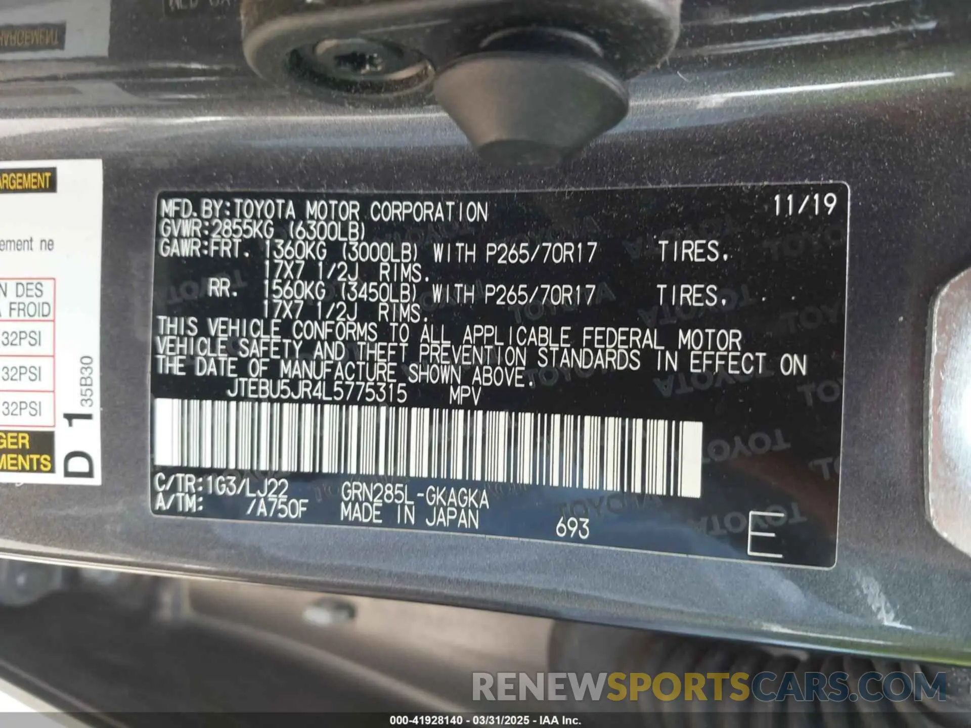 9 fotografías del automóvil dañado JTEBU5JR4L5775315 TOYOTA 4RUNNER 2020