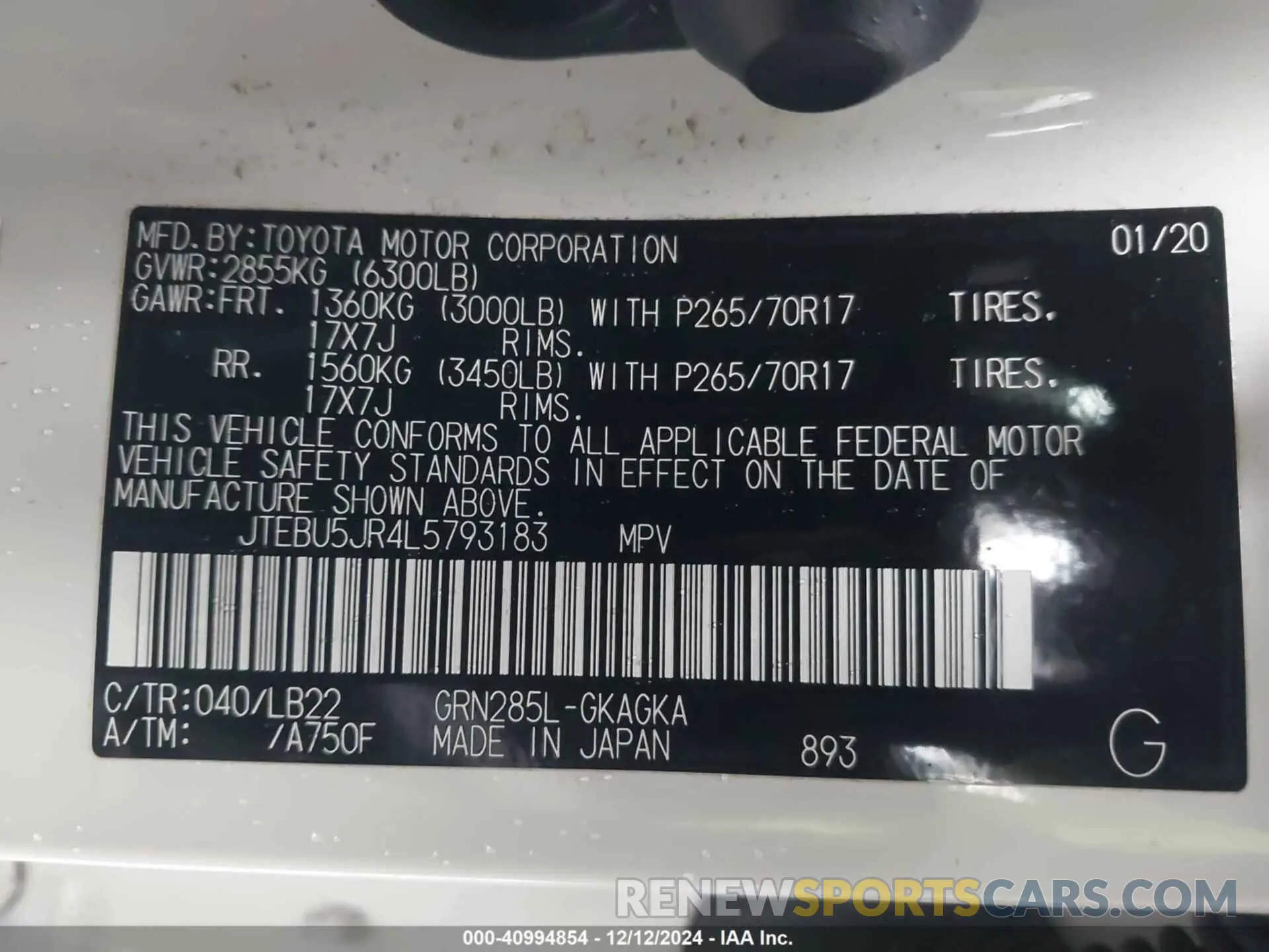9 fotografías del automóvil dañado JTEBU5JR4L5793183 TOYOTA 4RUNNER 2020