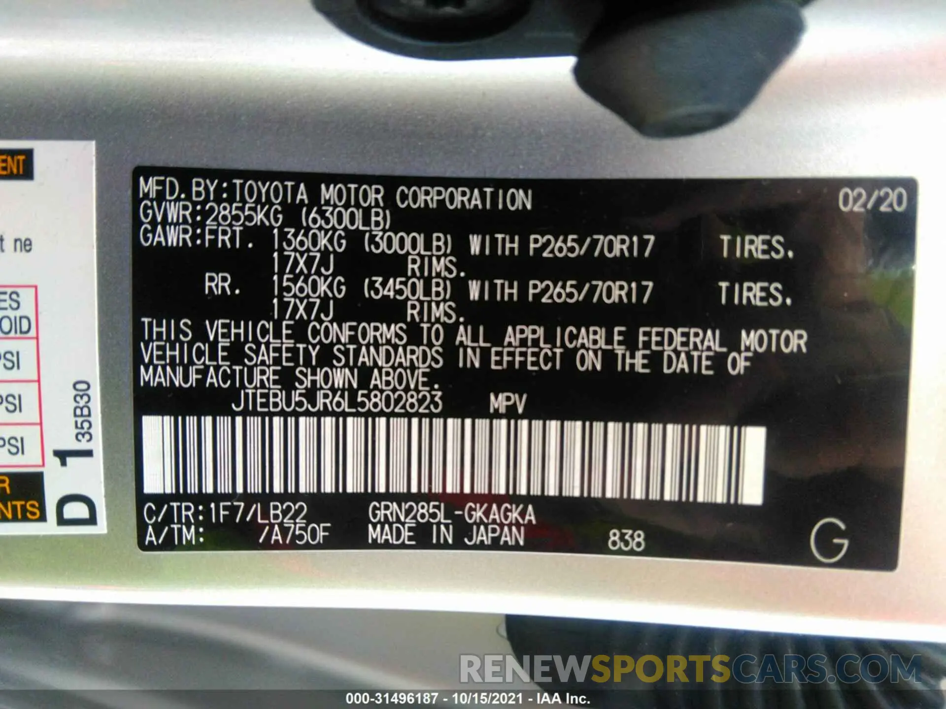 9 fotografías del automóvil dañado JTEBU5JR6L5802823 TOYOTA 4RUNNER 2020