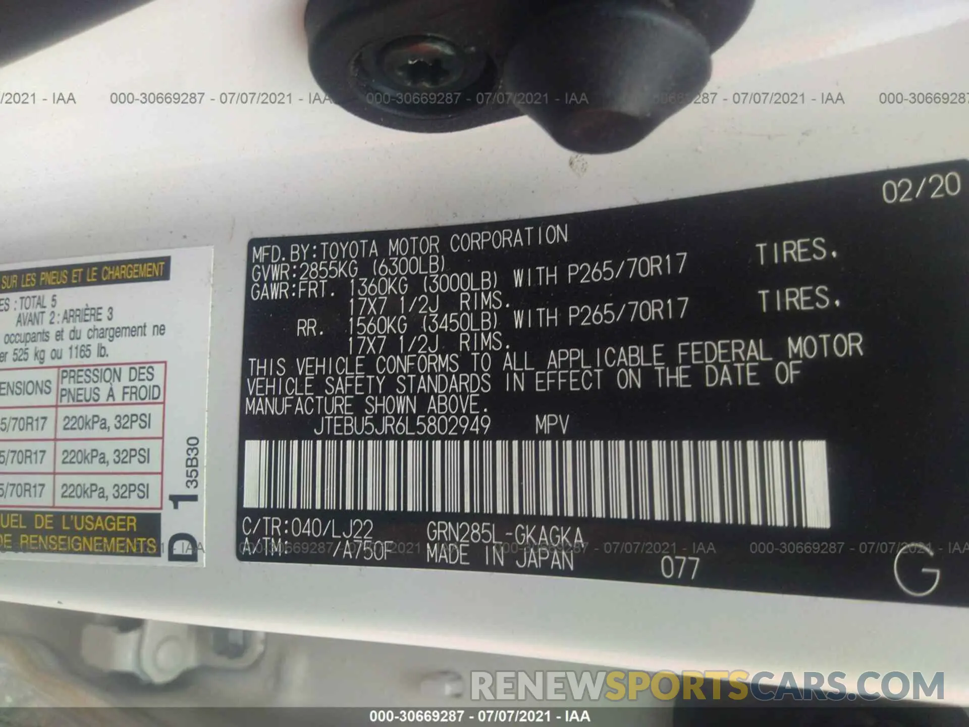 9 fotografías del automóvil dañado JTEBU5JR6L5802949 TOYOTA 4RUNNER 2020