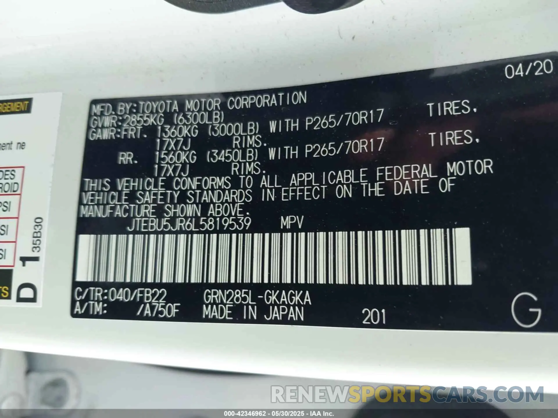9 fotografías del automóvil dañado JTEBU5JR6L5819539 TOYOTA 4RUNNER 2020