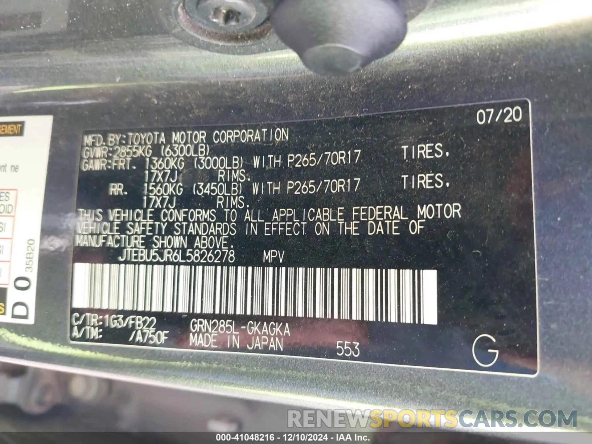 9 fotografías del automóvil dañado JTEBU5JR6L5826278 TOYOTA 4RUNNER 2020