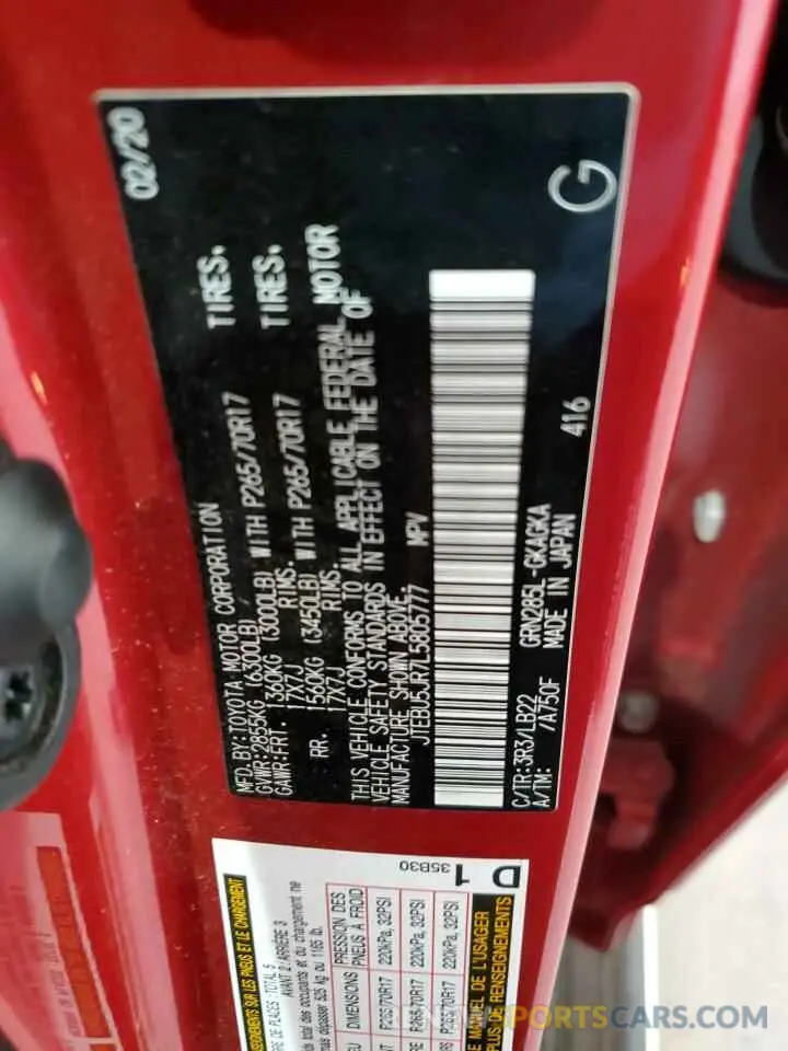 13 fotografías del automóvil dañado JTEBU5JR7L5805777 TOYOTA 4RUNNER 2020