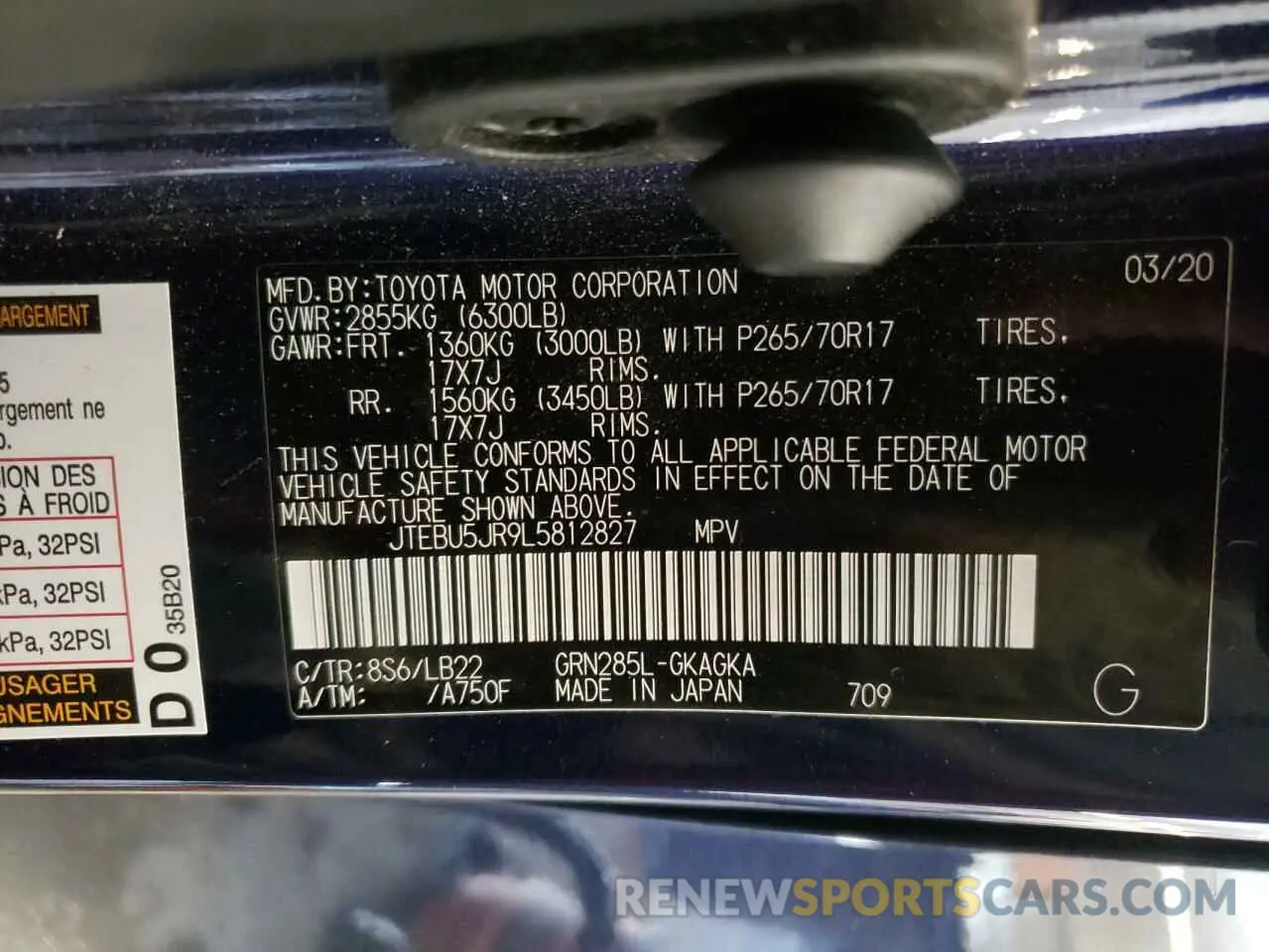 13 fotografías del automóvil dañado JTEBU5JR9L5812827 TOYOTA 4RUNNER 2020