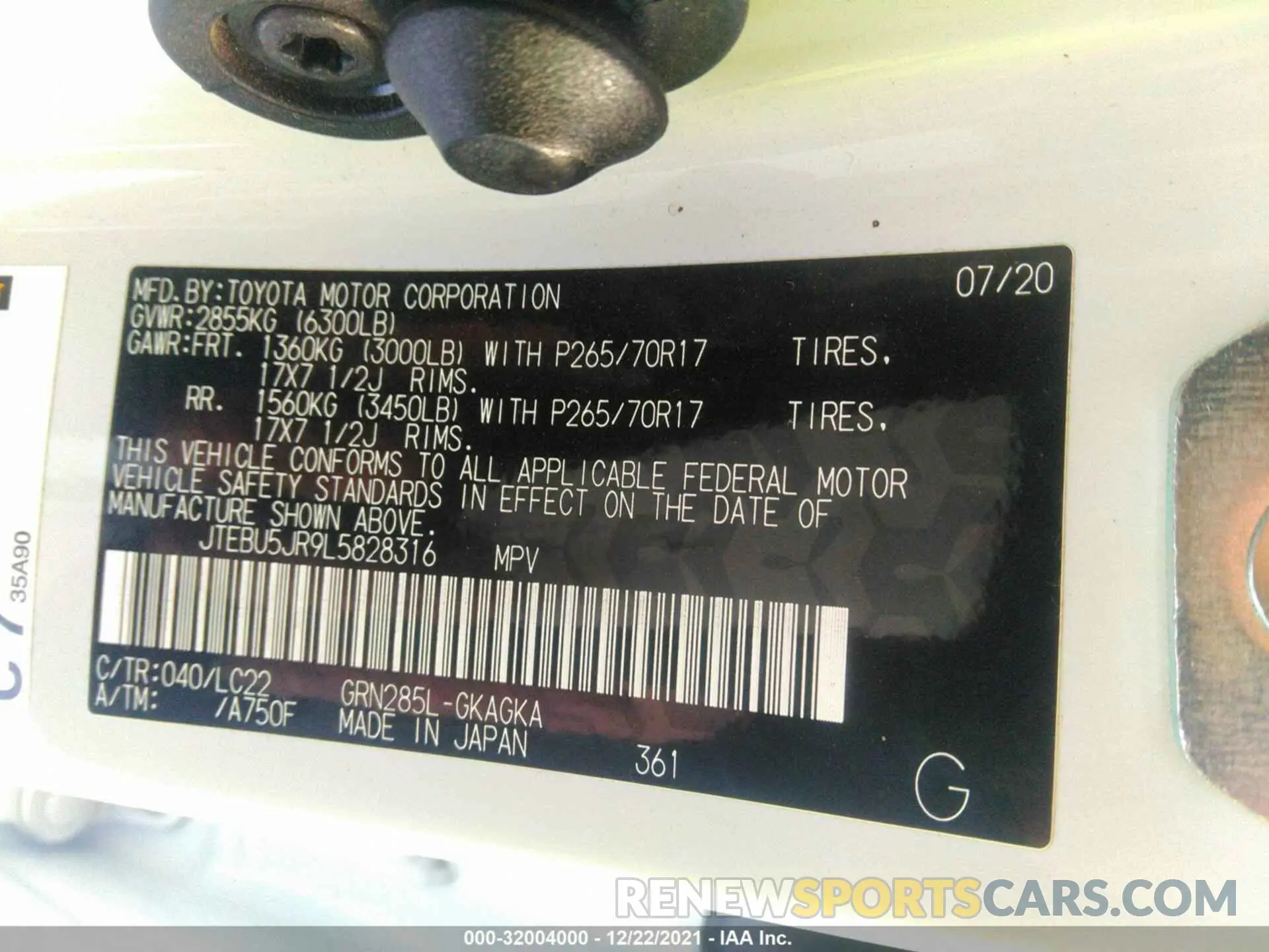 9 fotografías del automóvil dañado JTEBU5JR9L5828316 TOYOTA 4RUNNER 2020