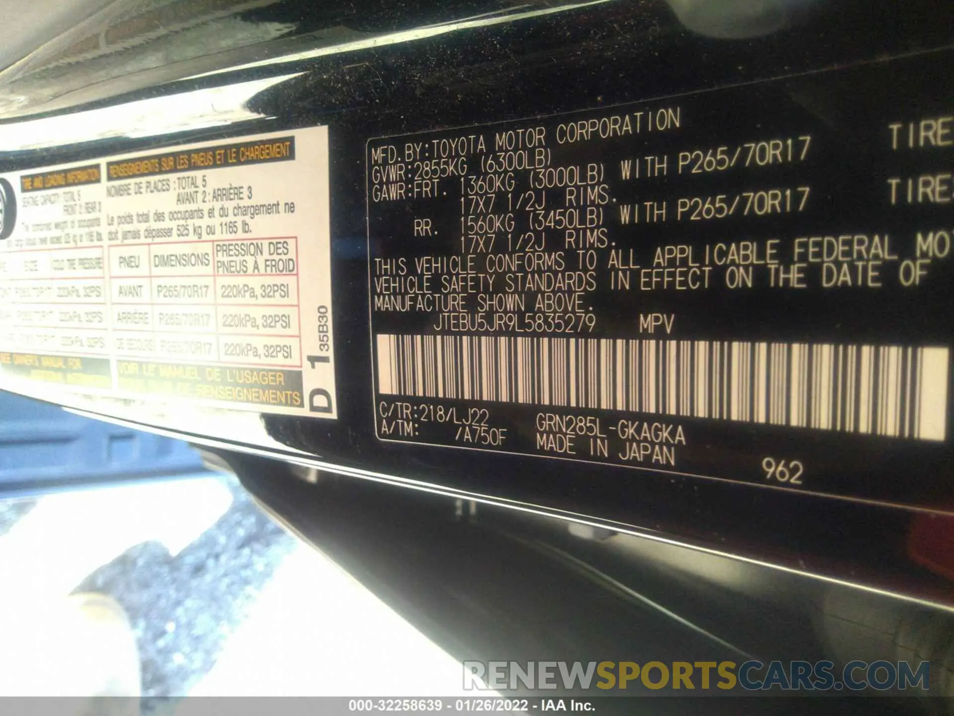 9 fotografías del automóvil dañado JTEBU5JR9L5835279 TOYOTA 4RUNNER 2020