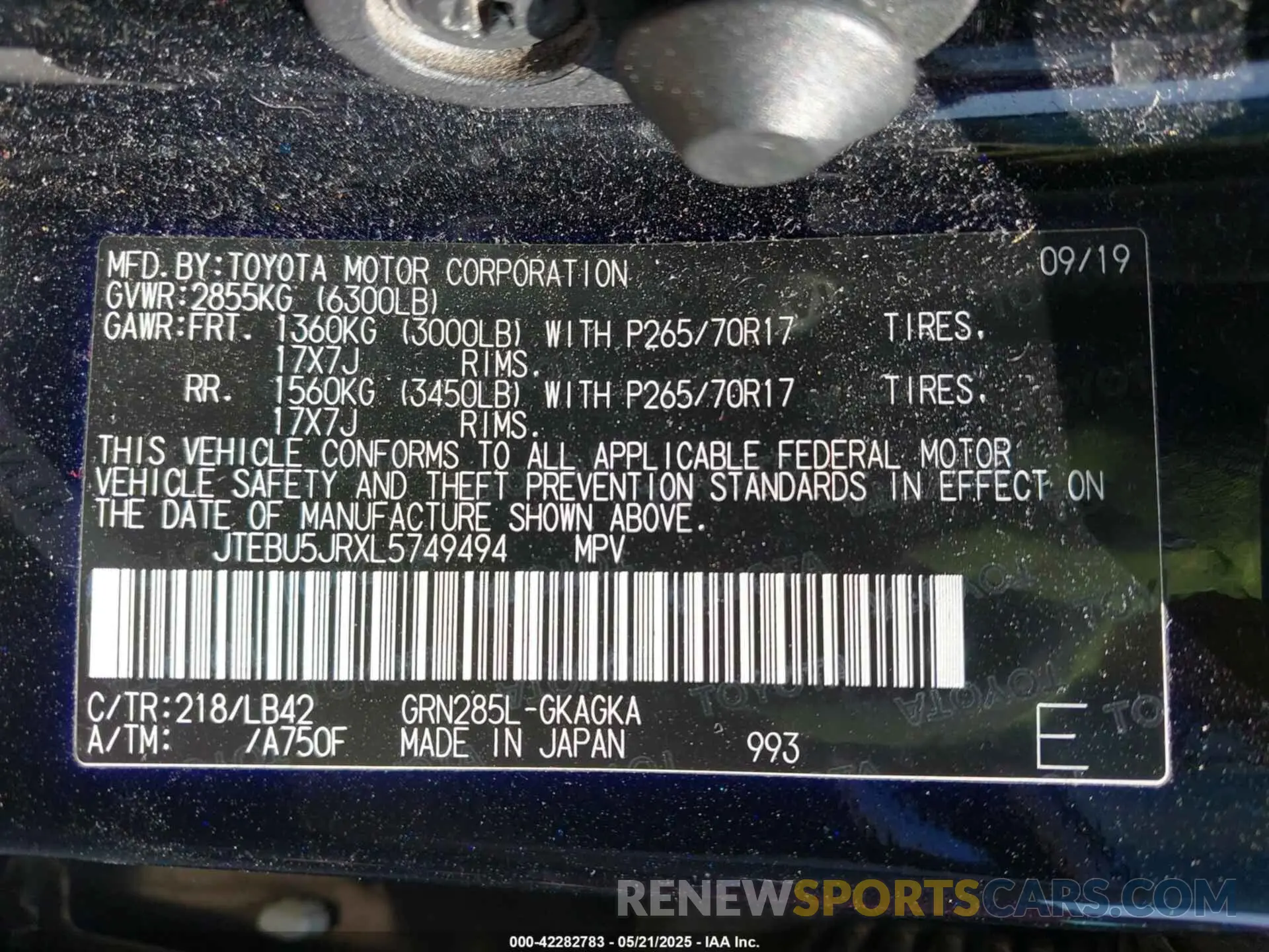 9 fotografías del automóvil dañado JTEBU5JRXL5749494 TOYOTA 4RUNNER 2020