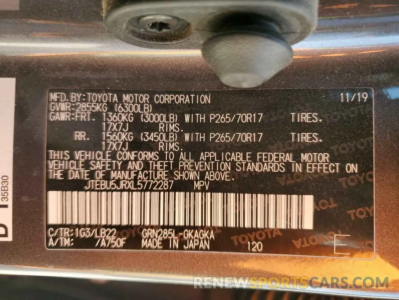 13 fotografías del automóvil dañado JTEBU5JRXL5772287 TOYOTA 4RUNNER 2020