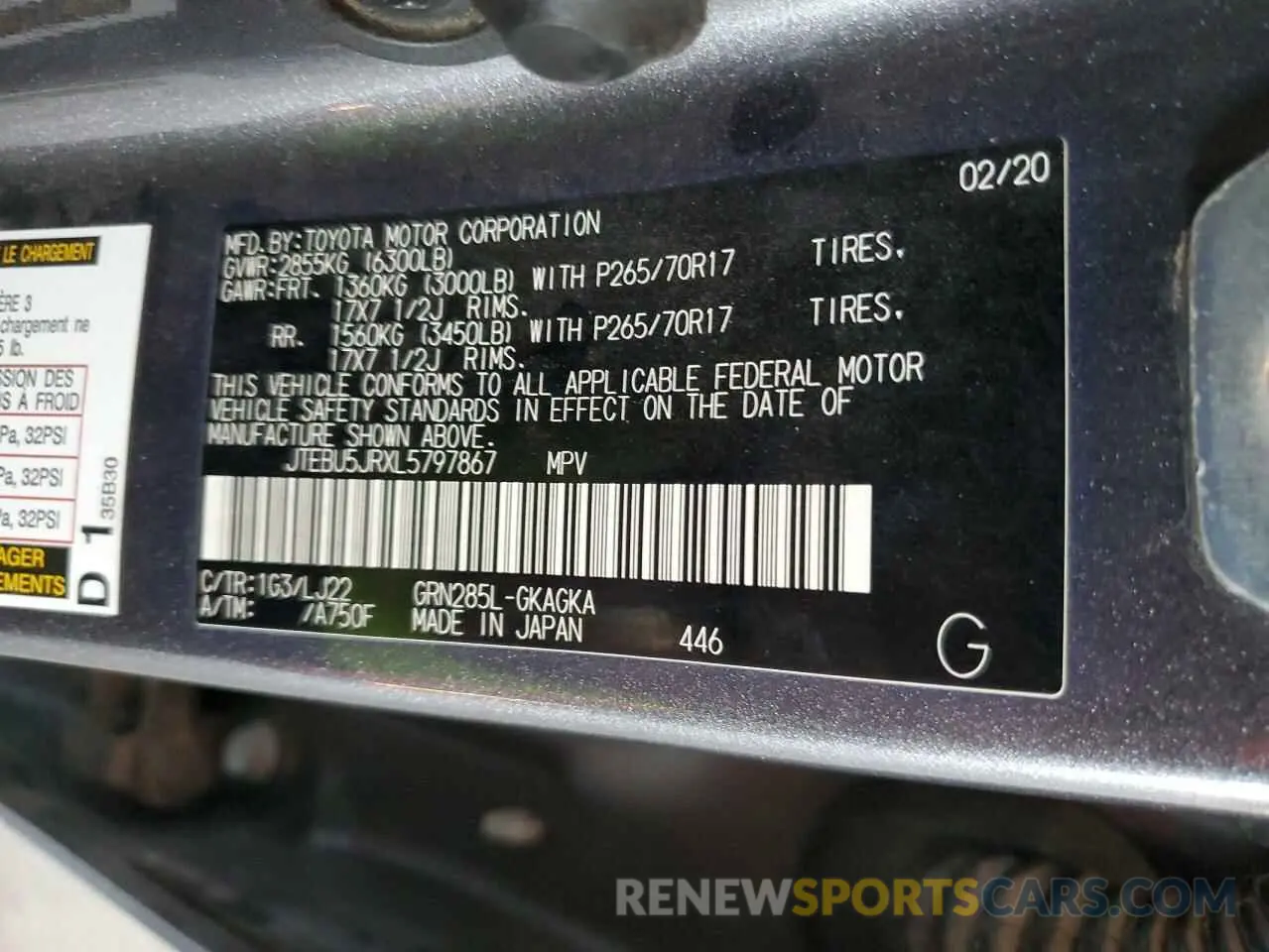 12 fotografías del automóvil dañado JTEBU5JRXL5797867 TOYOTA 4RUNNER 2020