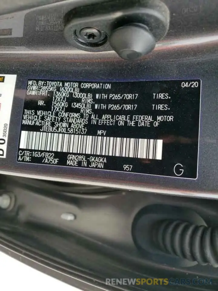 10 fotografías del automóvil dañado JTEBU5JRXL5815137 TOYOTA 4RUNNER 2020