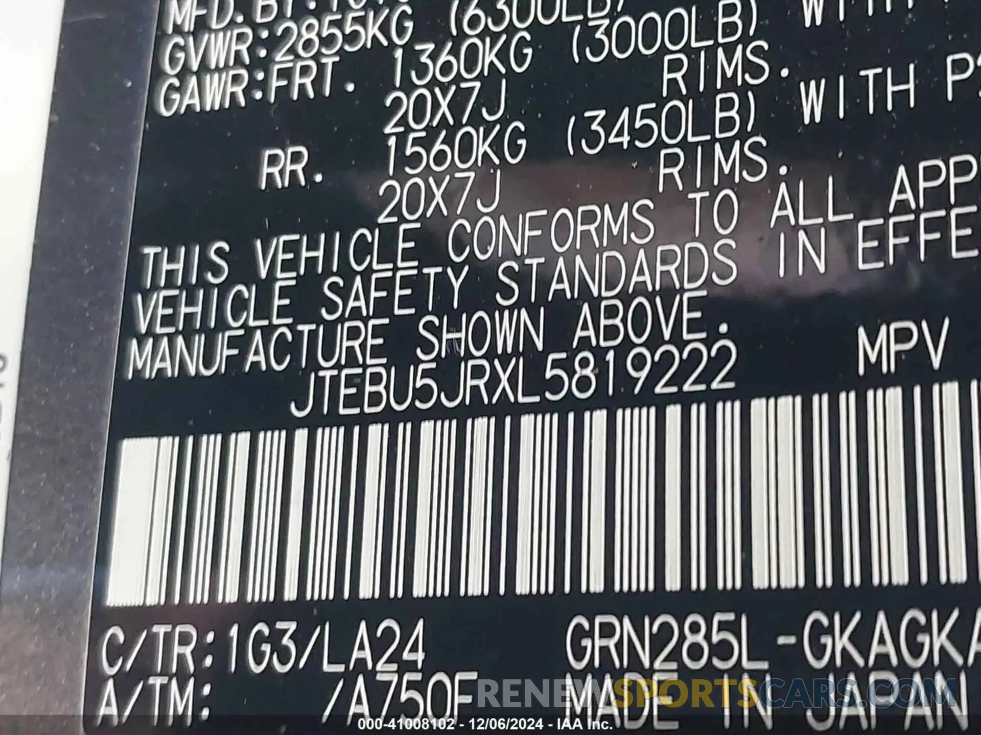 9 fotografías del automóvil dañado JTEBU5JRXL5819222 TOYOTA 4RUNNER 2020