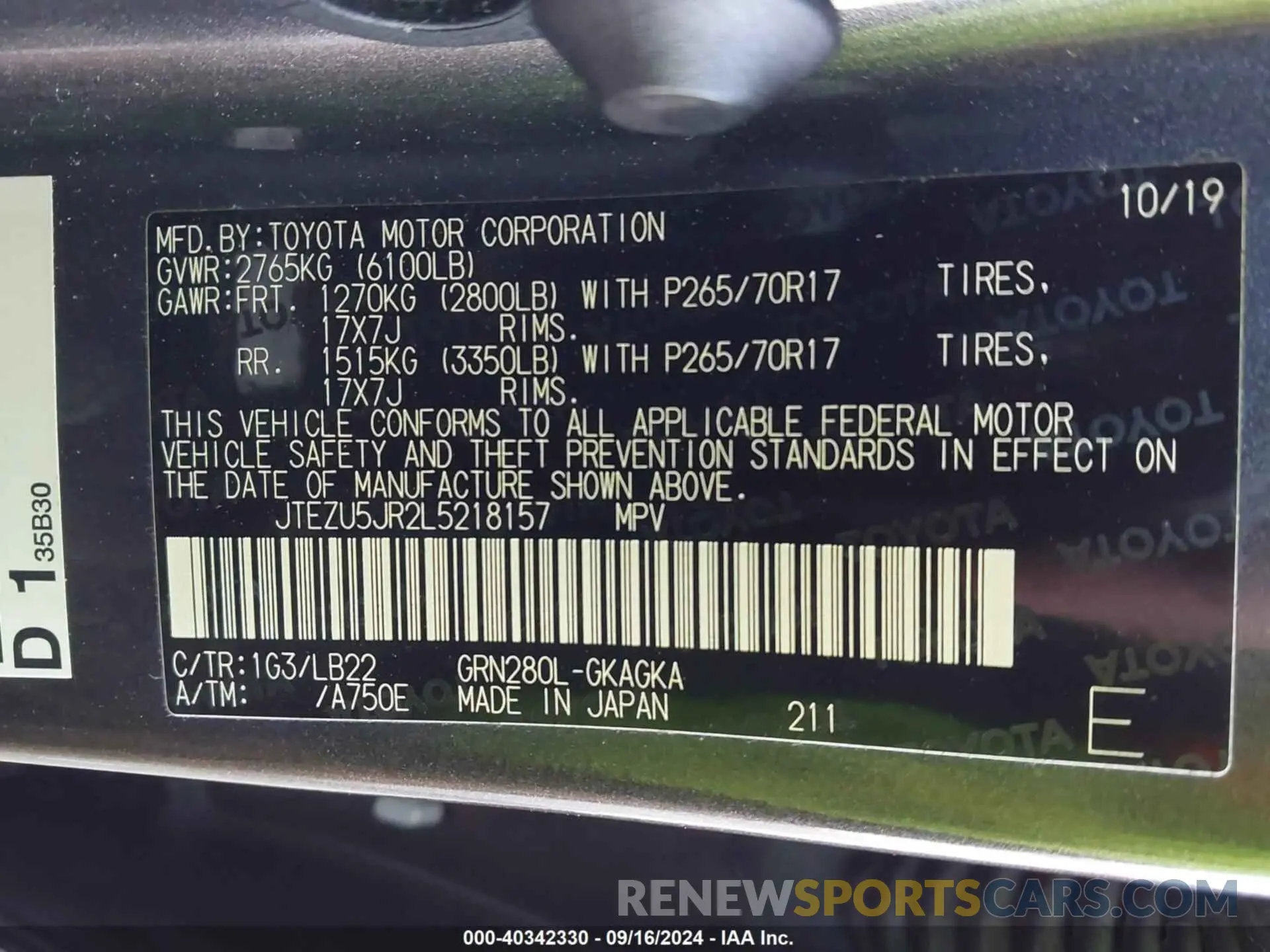 9 fotografías del automóvil dañado JTEZU5JR2L5218157 TOYOTA 4RUNNER 2020