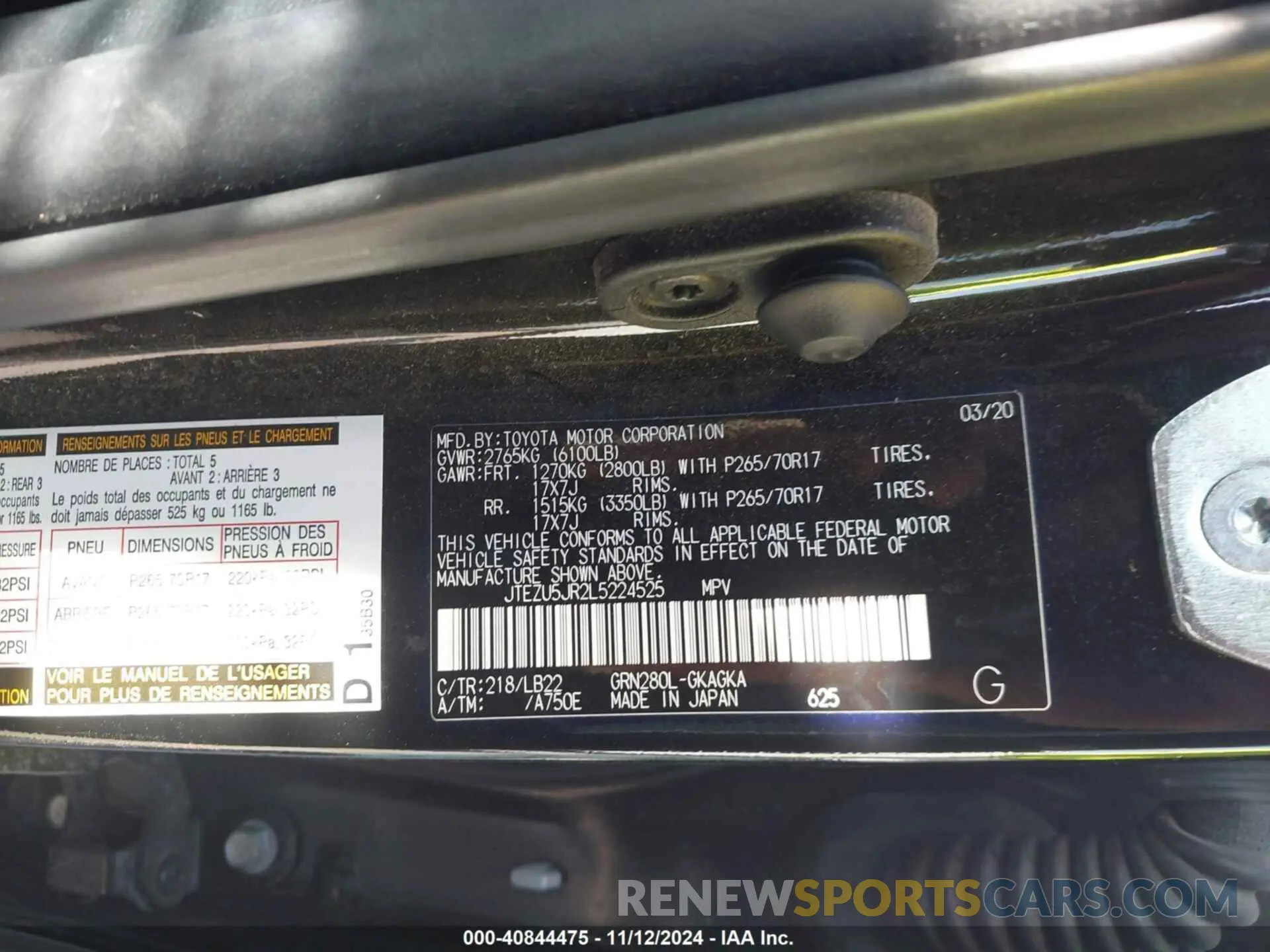 9 fotografías del automóvil dañado JTEZU5JR2L5224525 TOYOTA 4RUNNER 2020