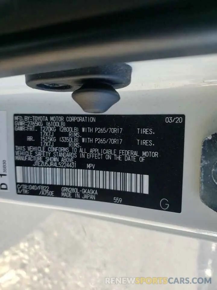 10 fotografías del automóvil dañado JTEZU5JR4L5224431 TOYOTA 4RUNNER 2020