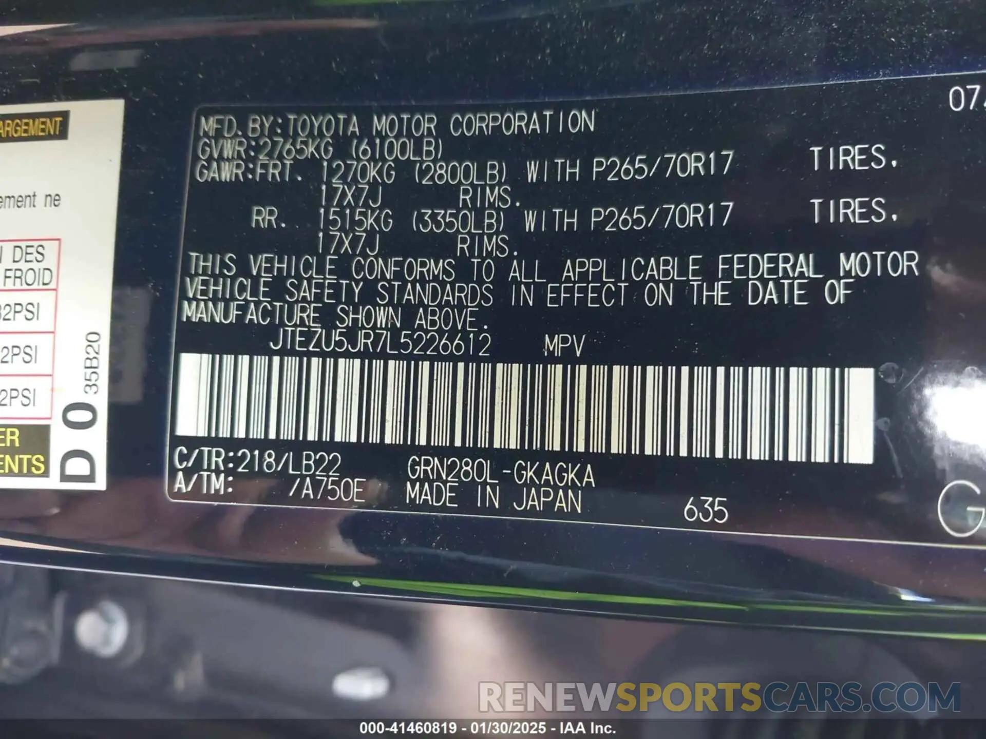 9 fotografías del automóvil dañado JTEZU5JR7L5226612 TOYOTA 4RUNNER 2020