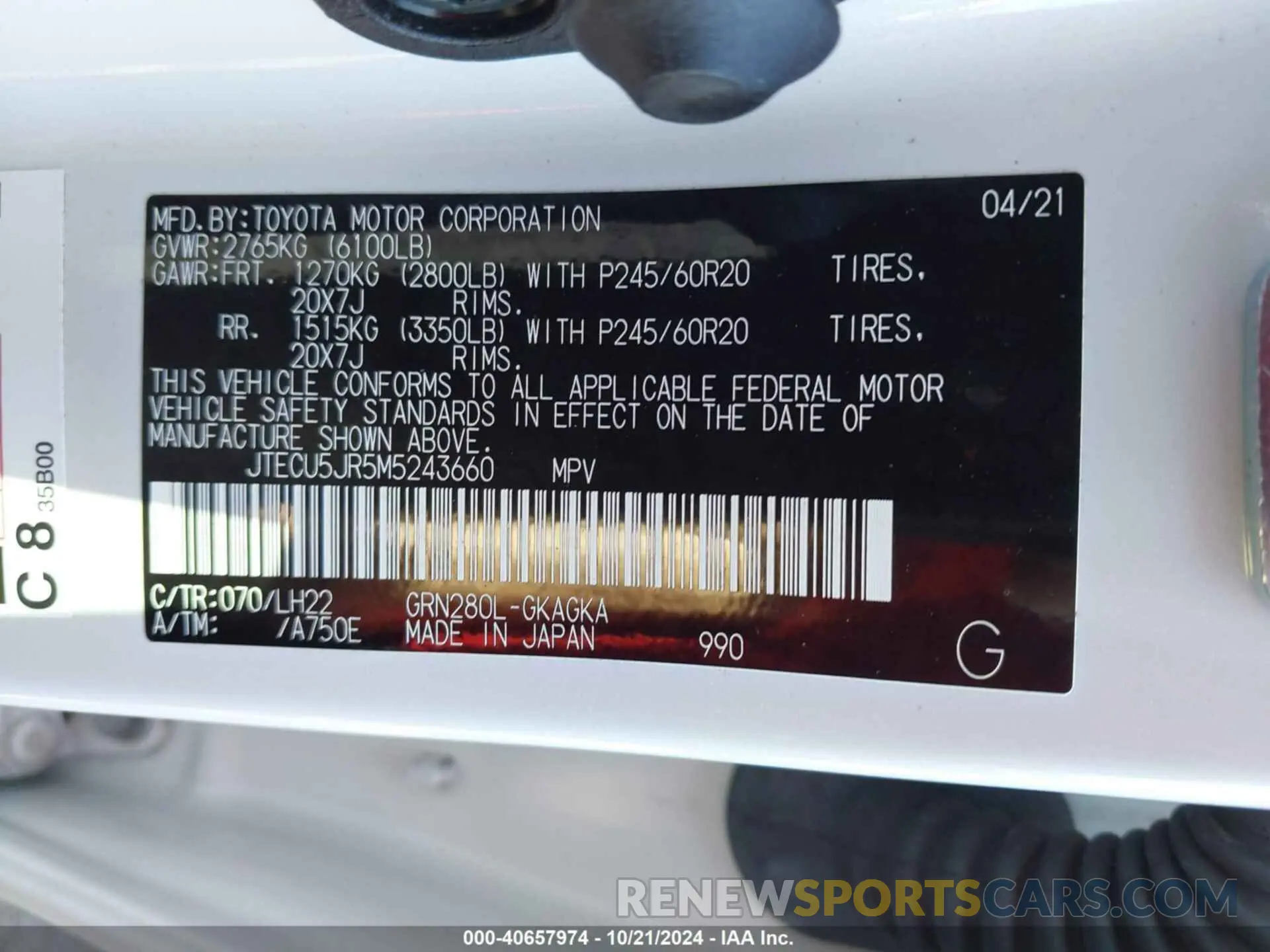 9 fotografías del automóvil dañado JTECU5JR5M5243660 TOYOTA 4RUNNER 2021