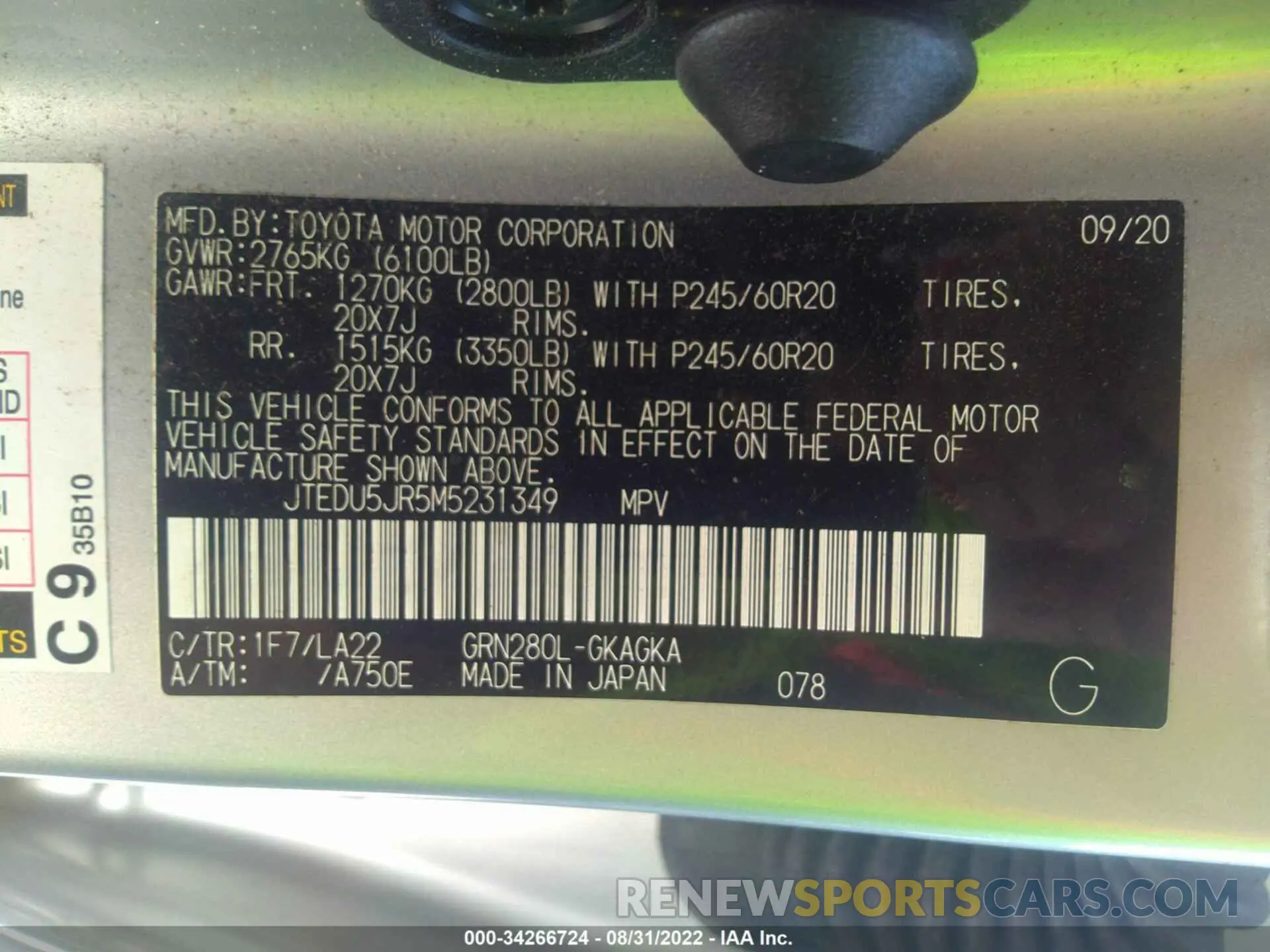 9 fotografías del automóvil dañado JTEDU5JR5M5231349 TOYOTA 4RUNNER 2021