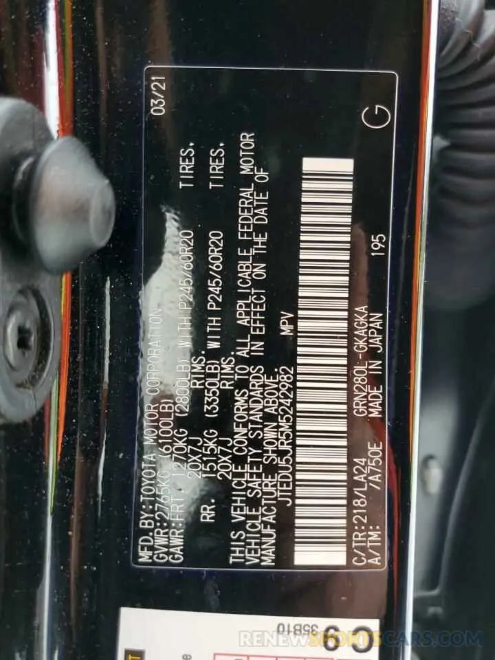 13 fotografías del automóvil dañado JTEDU5JR5M5242982 TOYOTA 4RUNNER 2021
