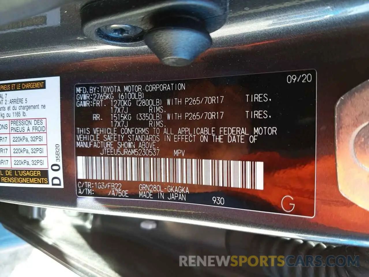 10 fotografías del automóvil dañado JTEEU5JR6M5230537 TOYOTA 4RUNNER 2021