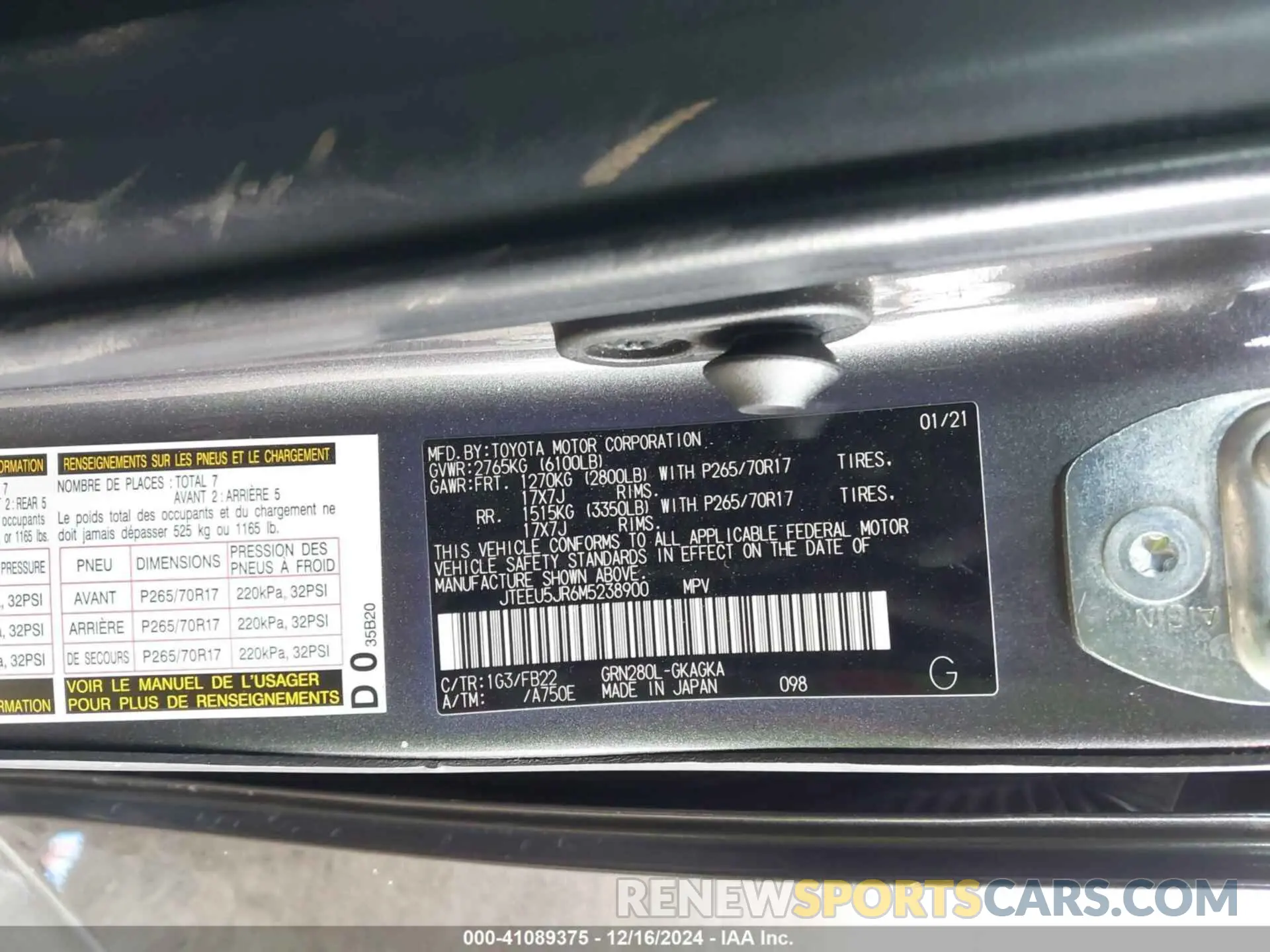 9 fotografías del automóvil dañado JTEEU5JR6M5238900 TOYOTA 4RUNNER 2021