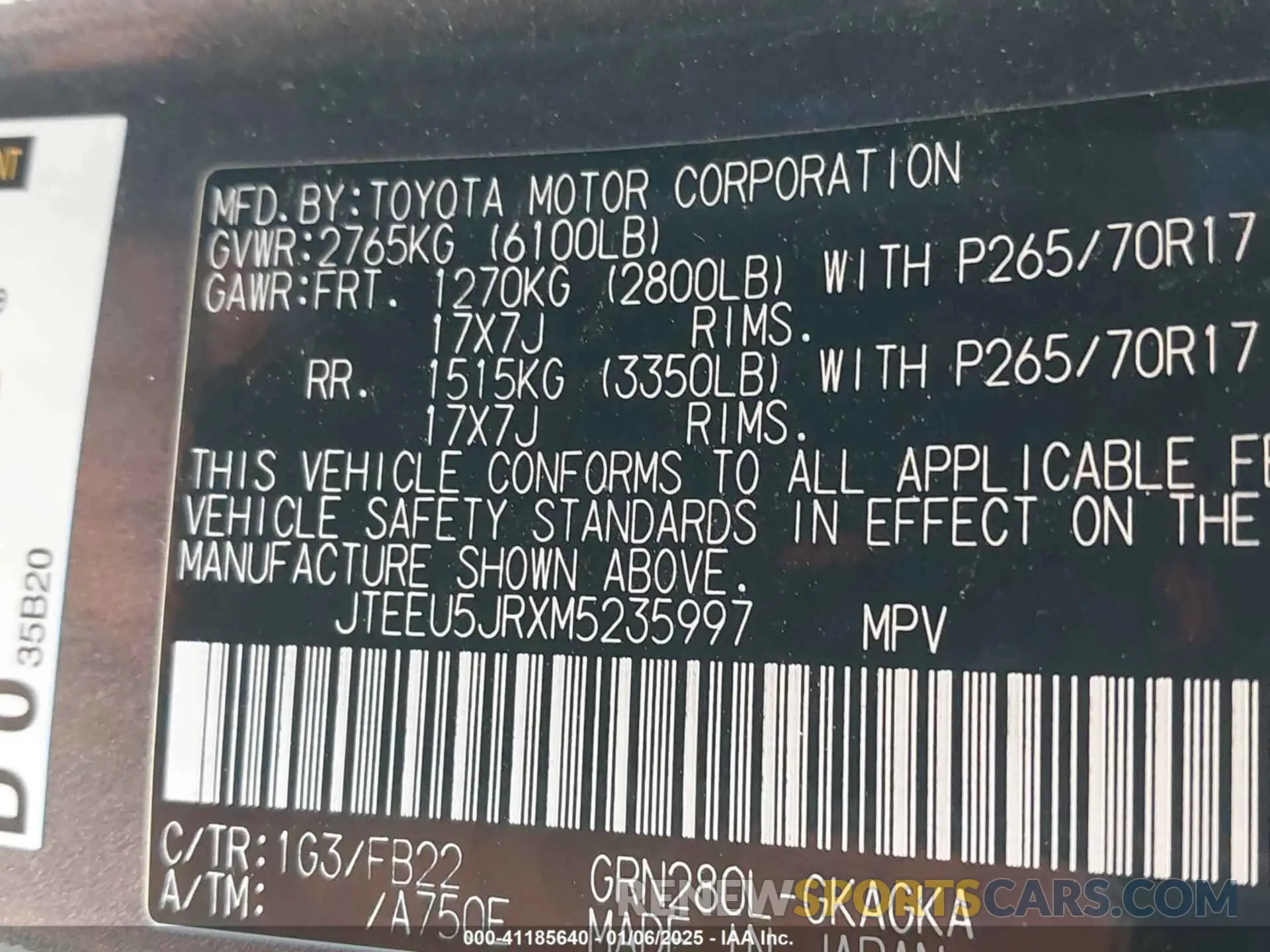 9 fotografías del automóvil dañado JTEEU5JRXM5235997 TOYOTA 4RUNNER 2021