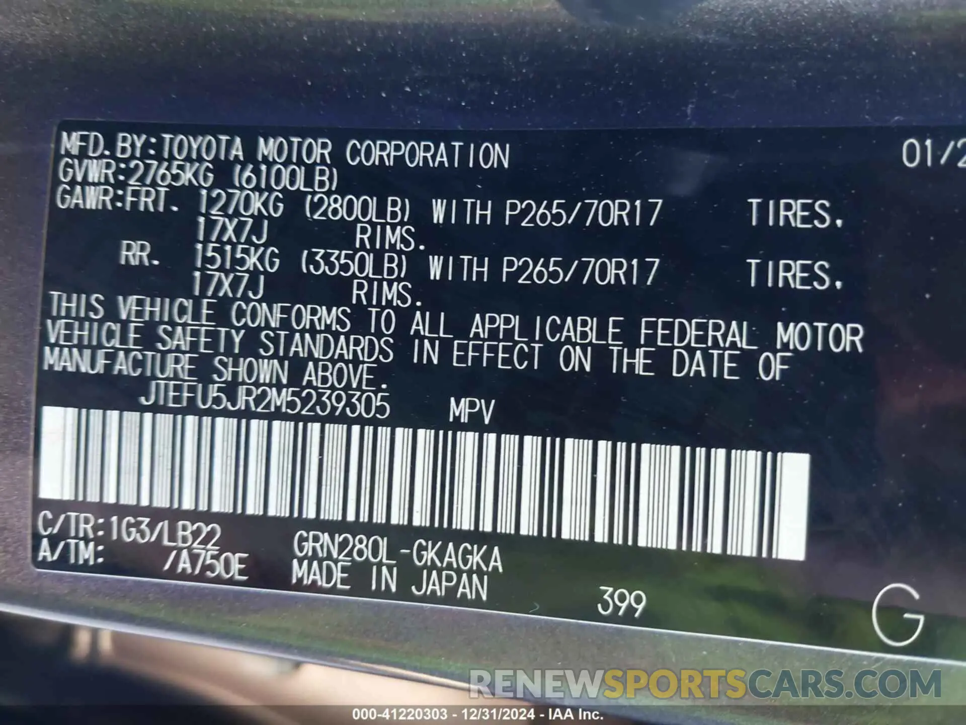 9 fotografías del automóvil dañado JTEFU5JR2M5239305 TOYOTA 4RUNNER 2021