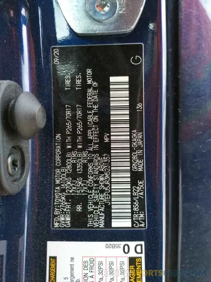 10 fotografías del automóvil dañado JTEFU5JR3M5231357 TOYOTA 4RUNNER 2021