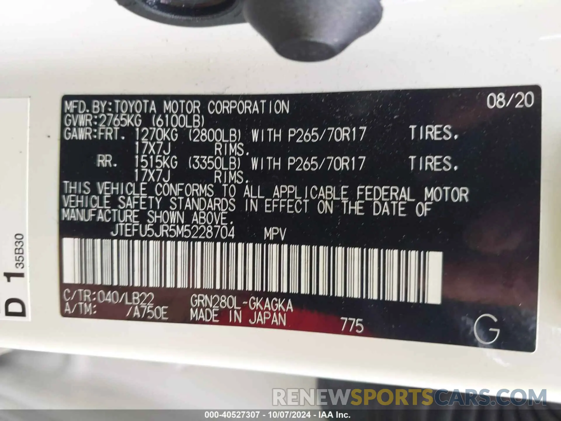 9 fotografías del automóvil dañado JTEFU5JR5M5228704 TOYOTA 4RUNNER 2021