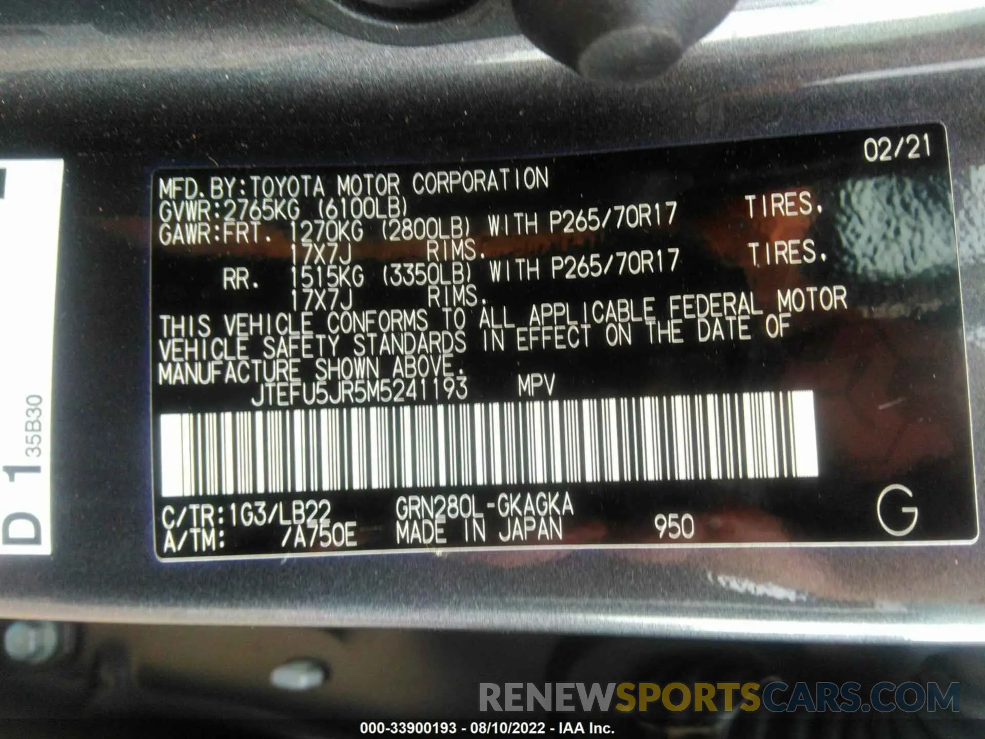 9 fotografías del automóvil dañado JTEFU5JR5M5241193 TOYOTA 4RUNNER 2021