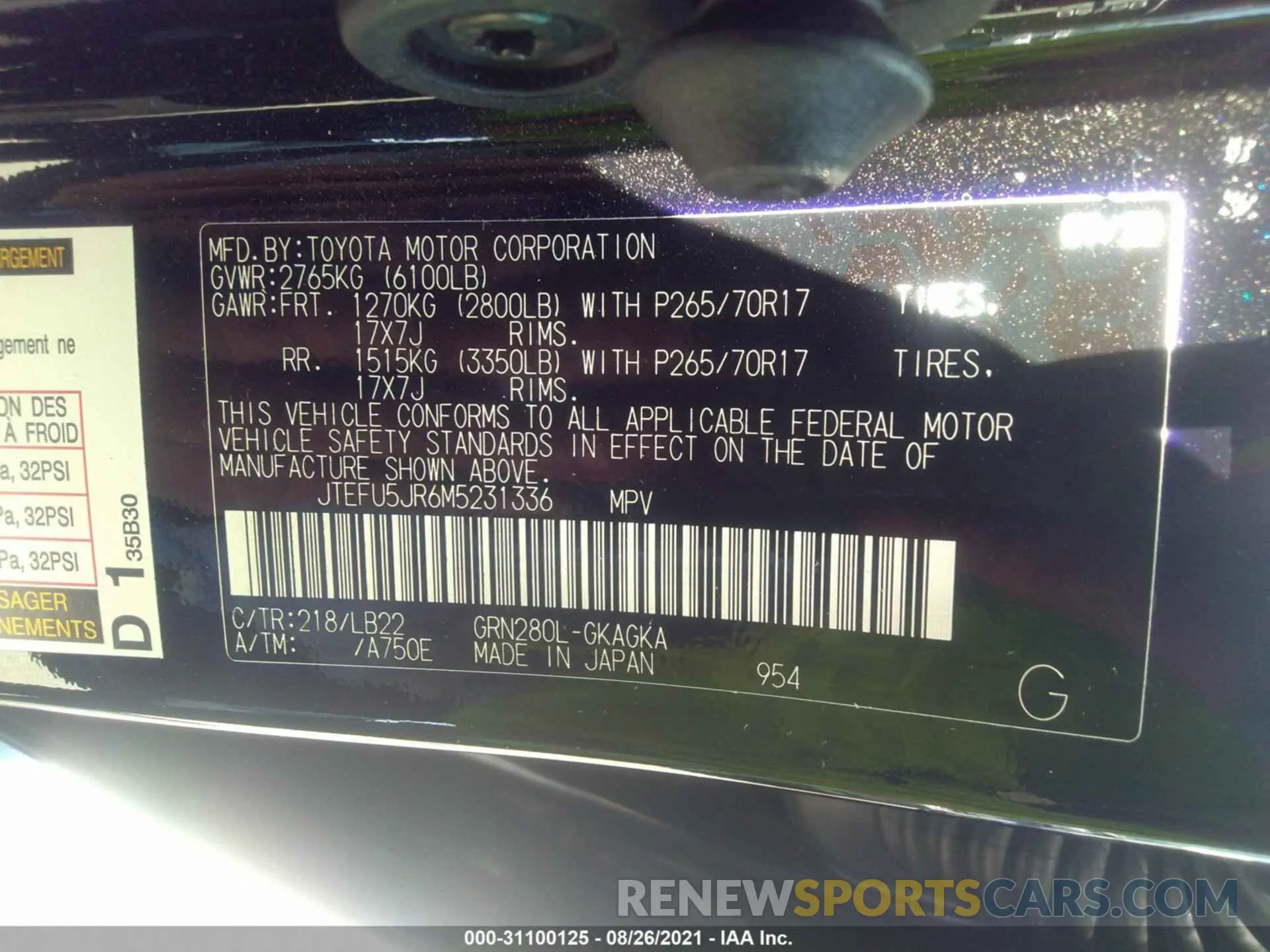 9 fotografías del automóvil dañado JTEFU5JR6M5231336 TOYOTA 4RUNNER 2021