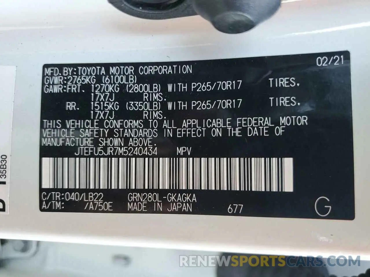 13 fotografías del automóvil dañado JTEFU5JR7M5240434 TOYOTA 4RUNNER 2021