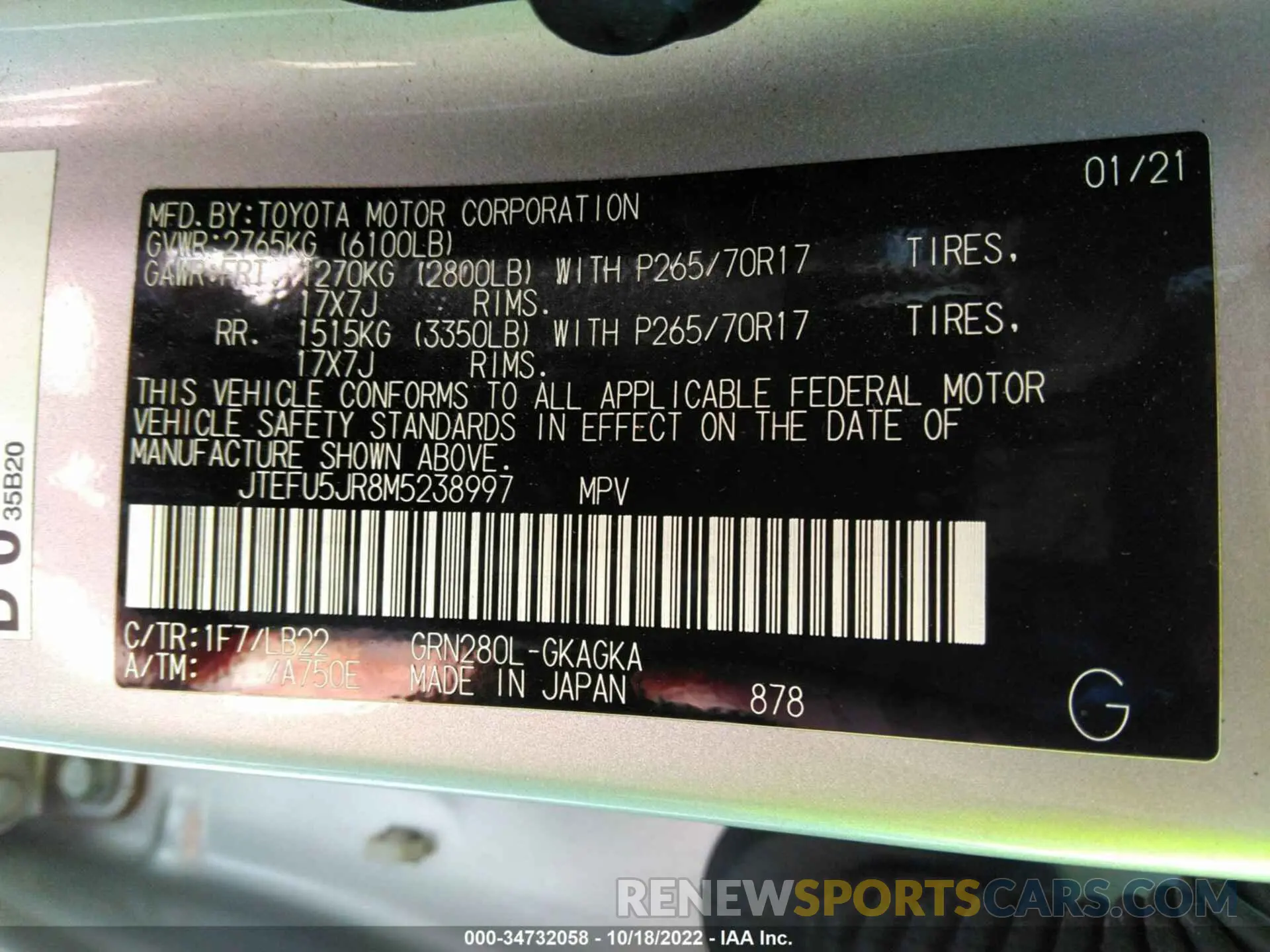 9 fotografías del automóvil dañado JTEFU5JR8M5238997 TOYOTA 4RUNNER 2021