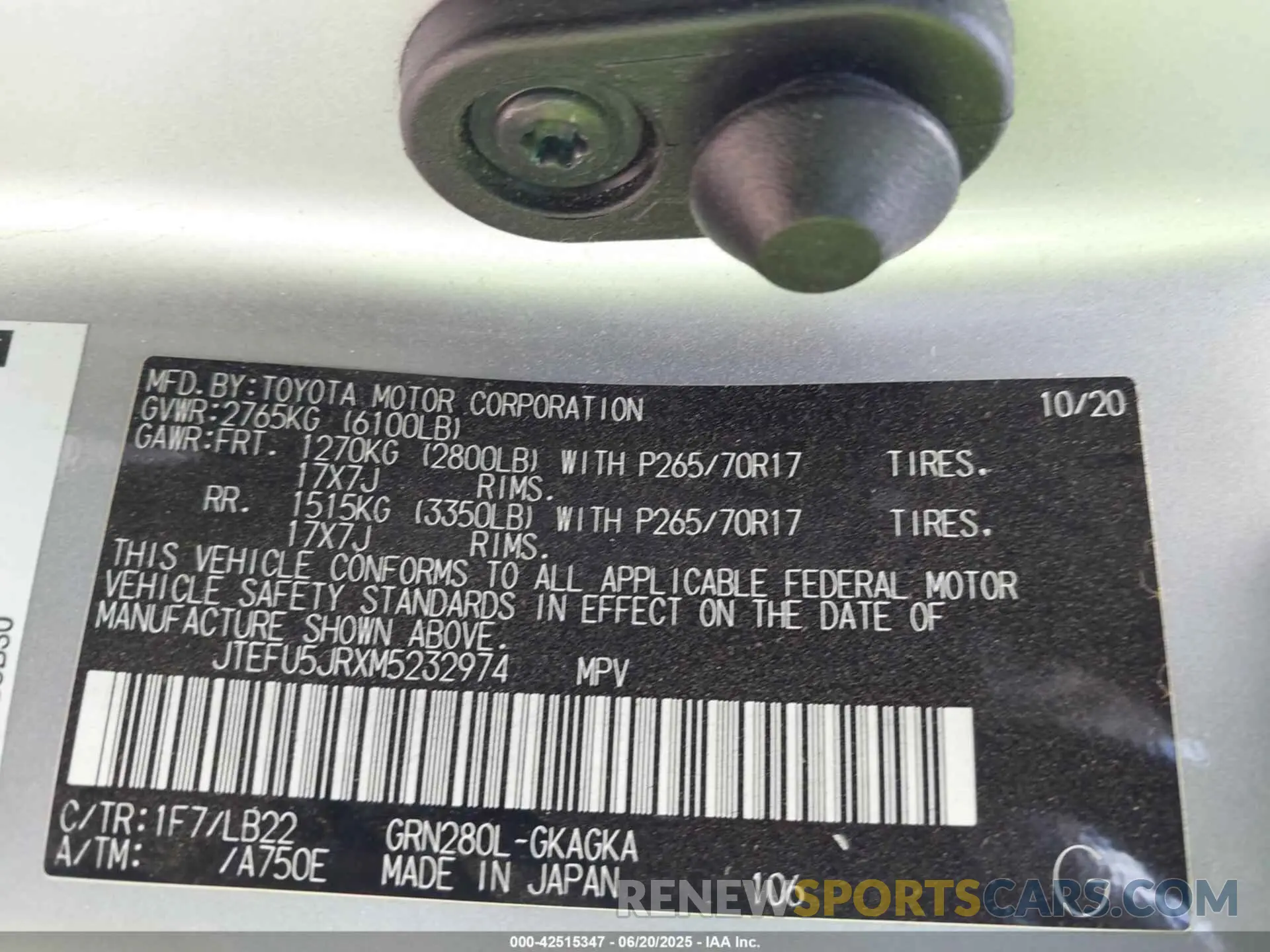 9 fotografías del automóvil dañado JTEFU5JRXM5232974 TOYOTA 4RUNNER 2021