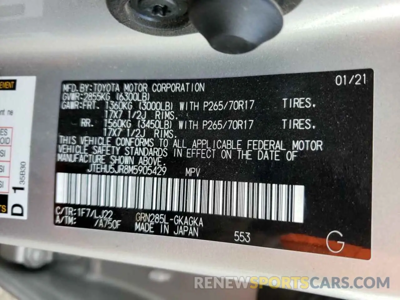 10 fotografías del automóvil dañado JTEHU5JR8M5905429 TOYOTA 4RUNNER 2021