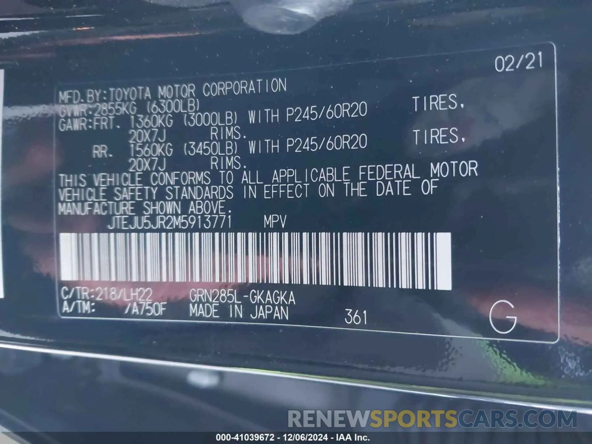 9 fotografías del automóvil dañado JTEJU5JR2M5913771 TOYOTA 4RUNNER 2021