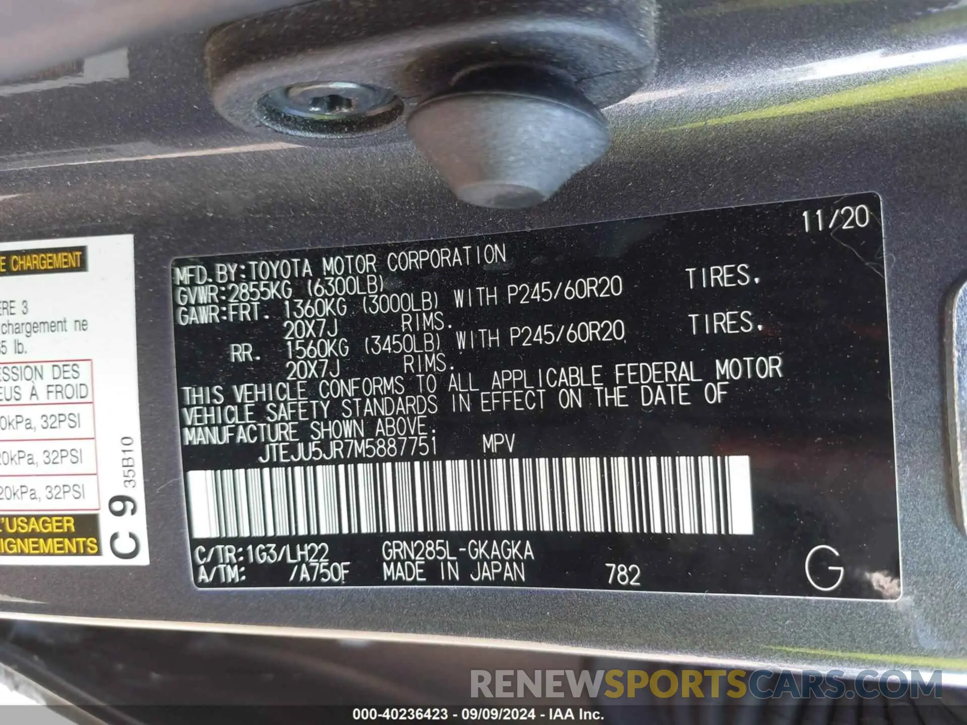 9 fotografías del automóvil dañado JTEJU5JR7M5887751 TOYOTA 4RUNNER 2021