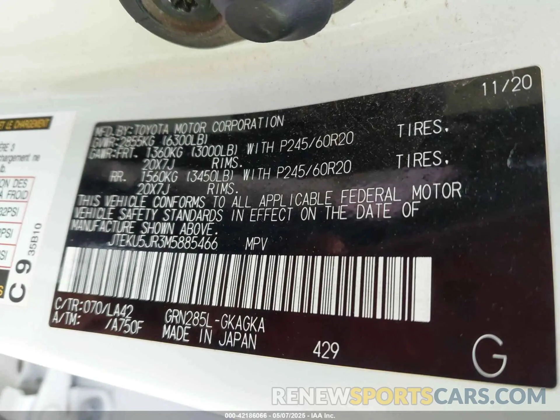 9 fotografías del automóvil dañado JTEKU5JR3M5885466 TOYOTA 4RUNNER 2021