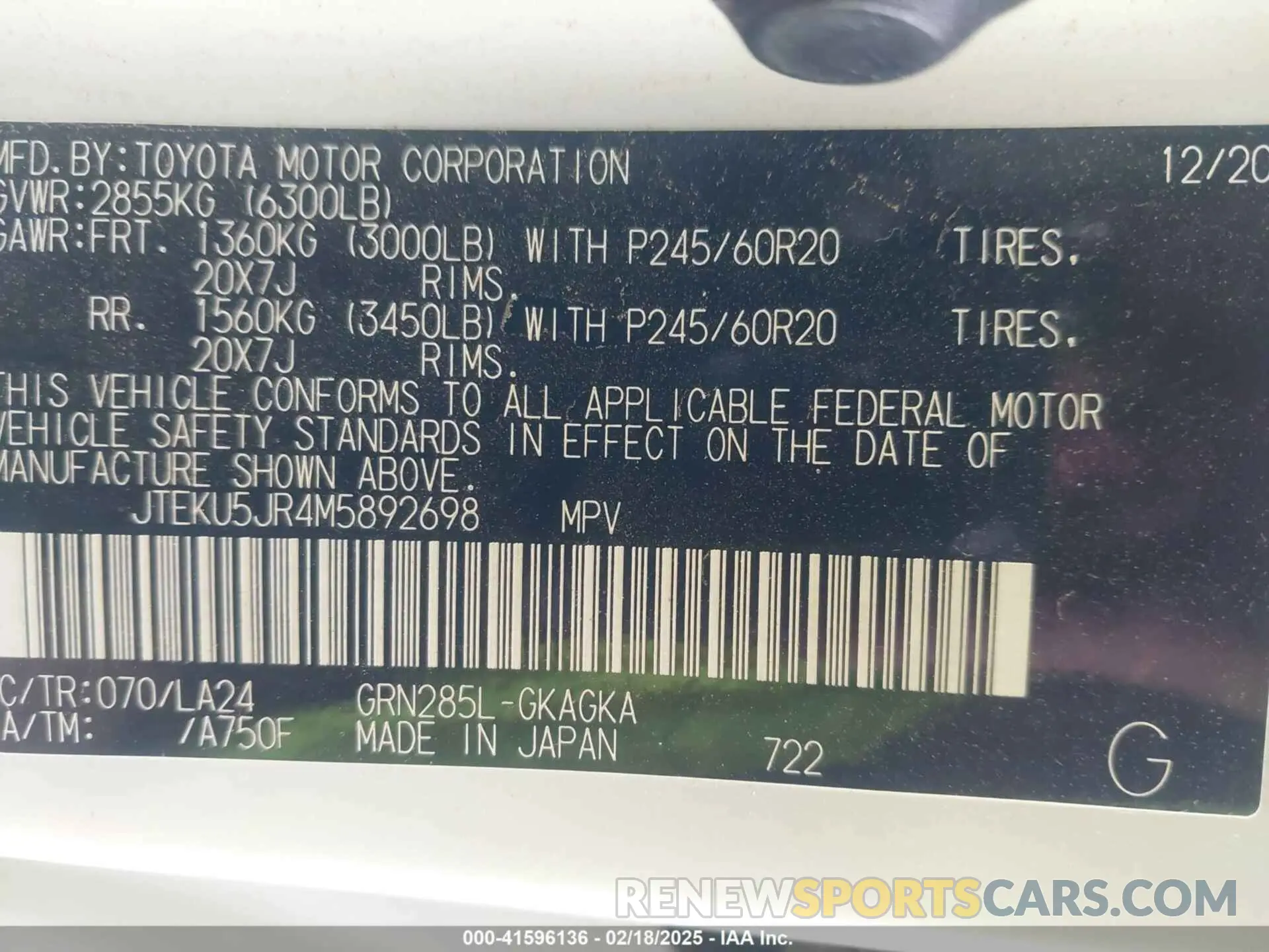 9 fotografías del automóvil dañado JTEKU5JR4M5892698 TOYOTA 4RUNNER 2021
