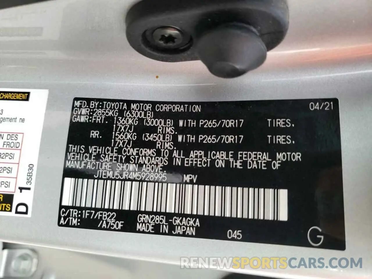 10 fotografías del automóvil dañado JTEMU5JR4M5928995 TOYOTA 4RUNNER 2021