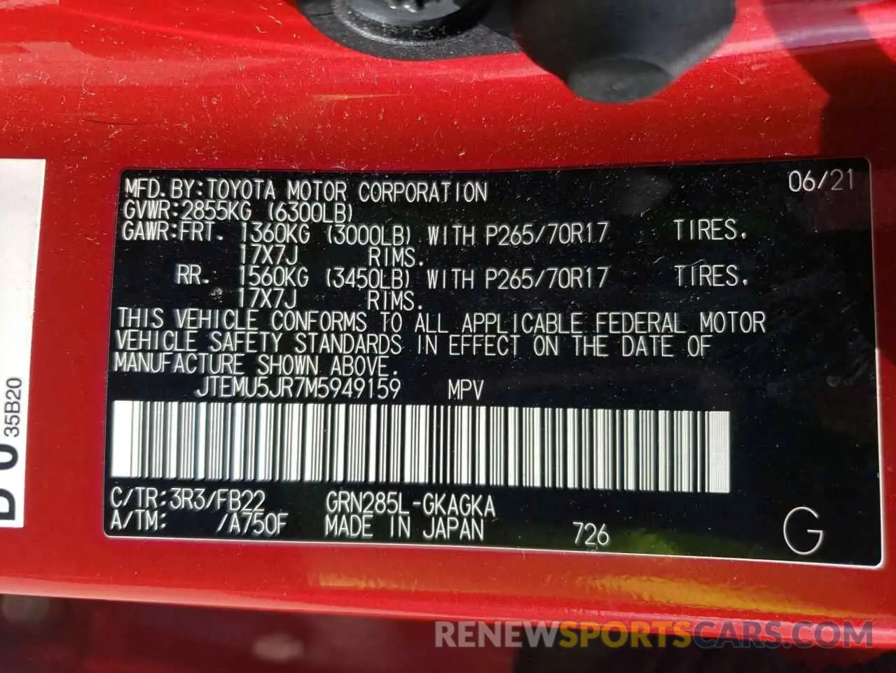 12 fotografías del automóvil dañado JTEMU5JR7M5949159 TOYOTA 4RUNNER 2021