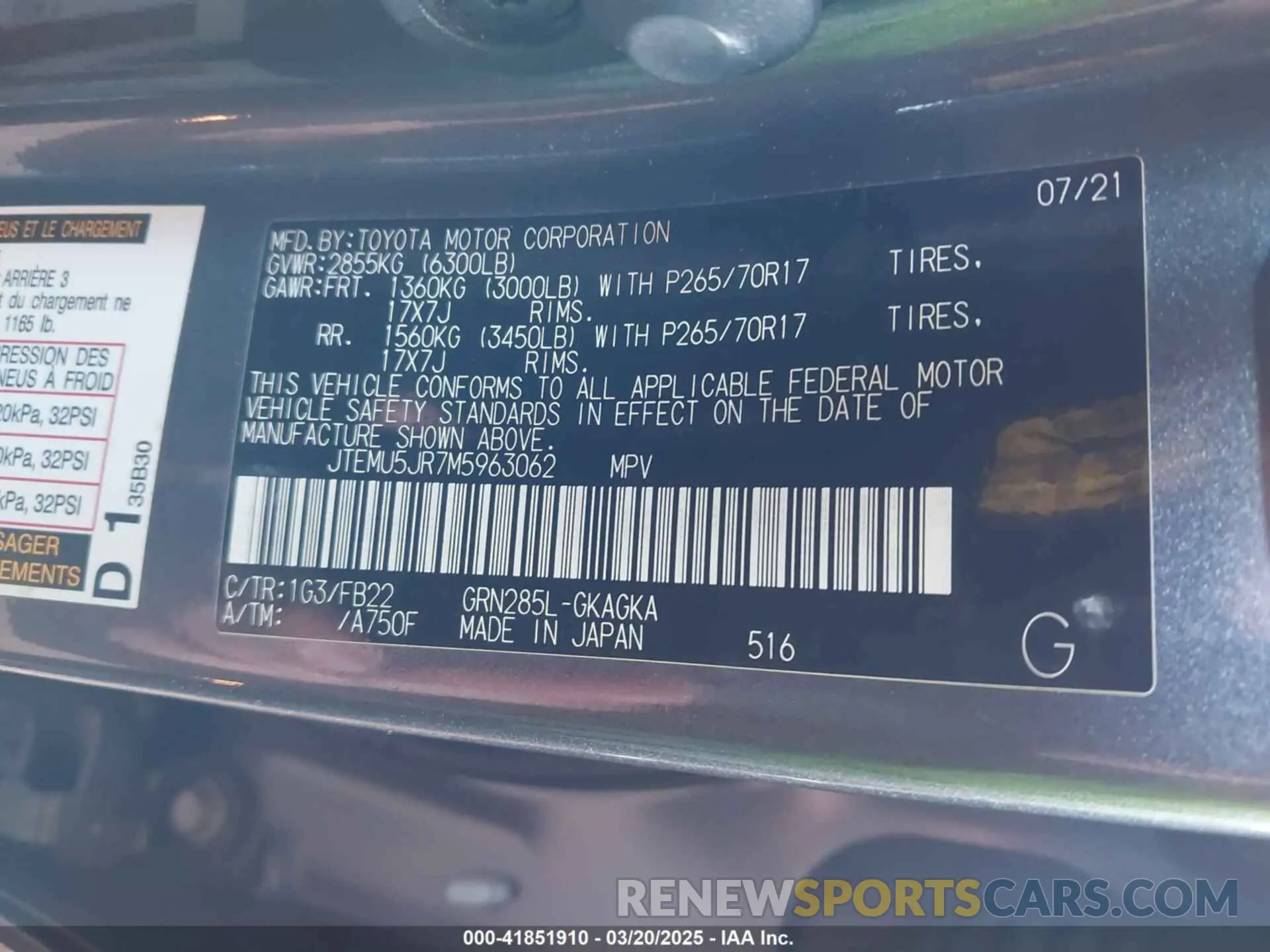 9 fotografías del automóvil dañado JTEMU5JR7M5963062 TOYOTA 4RUNNER 2021