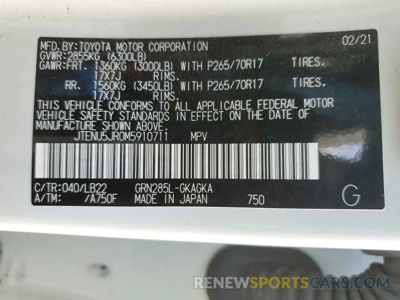 14 fotografías del automóvil dañado JTENU5JR0M5910711 TOYOTA 4RUNNER 2021