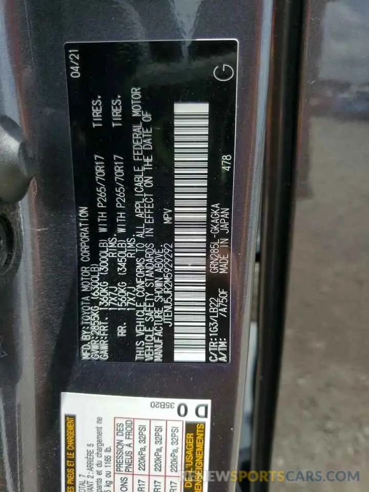 14 fotografías del automóvil dañado JTENU5JR2M5929292 TOYOTA 4RUNNER 2021