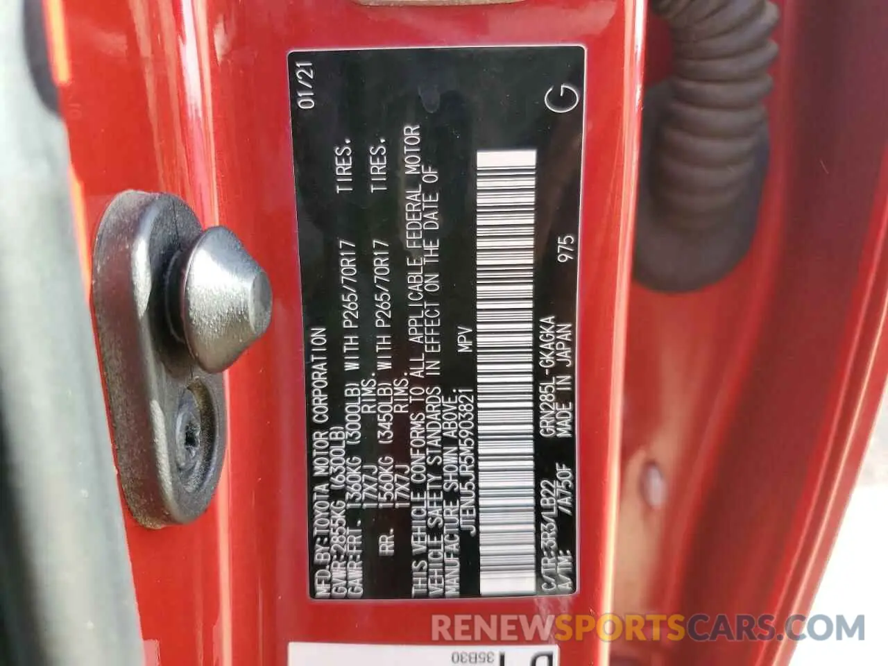 13 fotografías del automóvil dañado JTENU5JR5M5903821 TOYOTA 4RUNNER 2021
